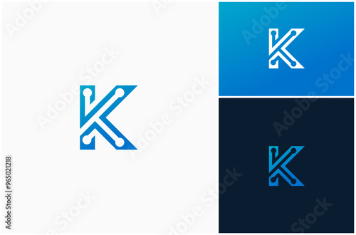 Letter K Circuit Board Digital Technology Network Chip Electronic Vector Logo Design Illustration