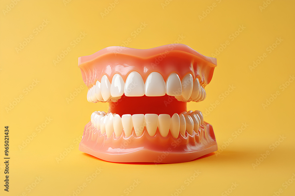 Obraz premium A close-up view of a set of healthy, white teeth in a model mouth against a bright yellow background.
