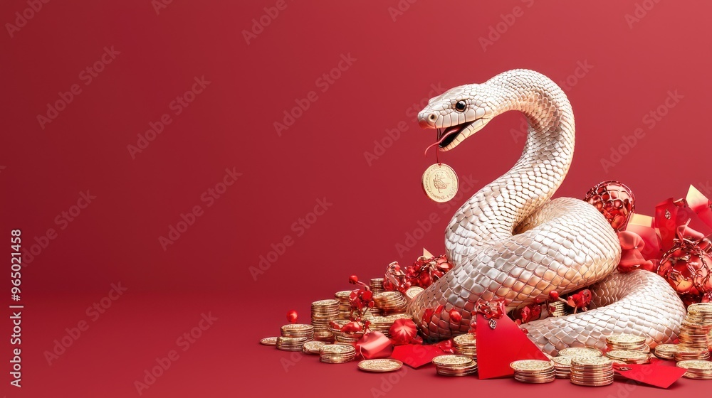 Wealth and Prosperity: Golden Snake Emerging from Chinese Vase Amid Festive Coins and Red Envelopes - 3D Render, generative AI Wealth and Prosperity: Golden Snake Emerging from Chinese Vase Amid Festive Coins and Red Envelopes - 3D Render, generative AI