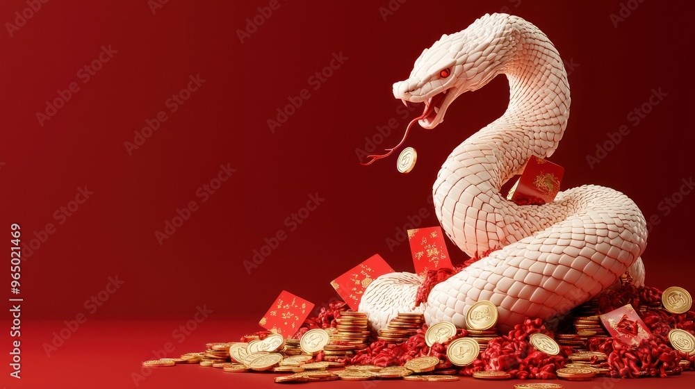 Glowing Golden Snake Emerging from Chinese Vase with Coins and Red Envelopes - Festive 3D Illustration, generative AI Glowing Golden Snake Emerging from Chinese Vase with Coins and Red Envelopes - Festive 3D Illustration, generative AI
