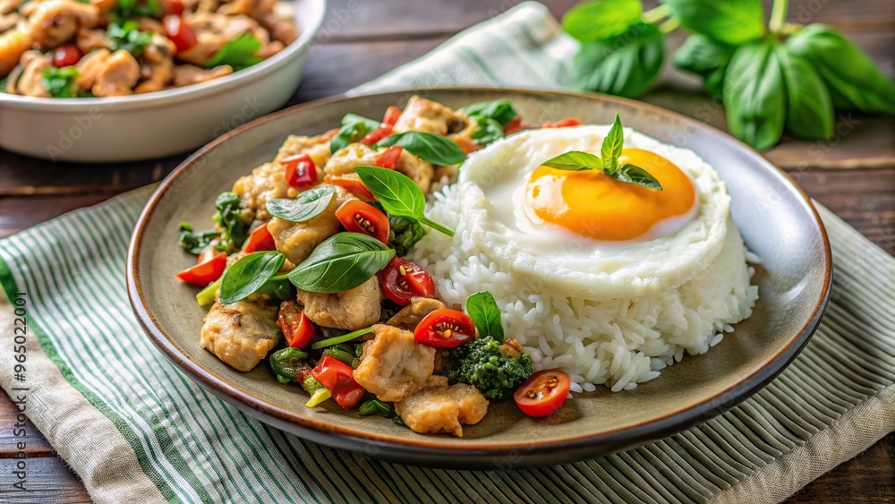 food photography, delicious, close-up, Asian food, flavorful, chicken, Thai food, low angle view, dinner, Stir fried basil with chicken and white rice fried egg seen from a low angle food photography, delicious, close-up, Asian food, flavorful, chicken, Thai food, low angle view, dinner, Stir fried basil with chicken and white rice fried egg seen from a low angle