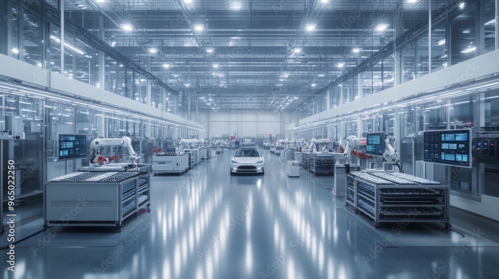 Engineers at a battery factory inspect large, advanced lithium-ion batteries, ensuring high-quality production for electric cars in a sleek, modern facility. Engineers at a battery factory inspect large, advanced lithium-ion batteries, ensuring high-quality production for electric cars in a sleek, modern facility.