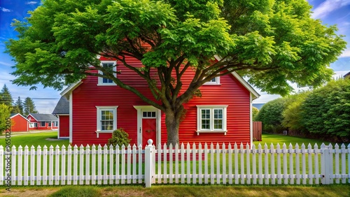 architecture, house, home, A beautiful tree with lush green leaves standing tall behind a charming white picket fence creating a picturesque scene in front of a vibrant red house