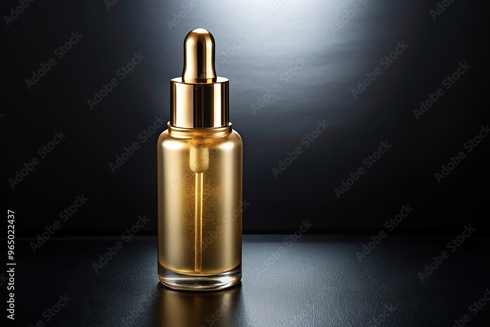 Serum cosmetic with a luxurious gold bottle on a black background captured from a high angle viewpoint, face, beauty, gold packaging, luxury, lotion, expensive, skincare routine Serum cosmetic with a luxurious gold bottle on a black background captured from a high angle viewpoint, face, beauty, gold packaging, luxury, lotion, expensive, skincare routine