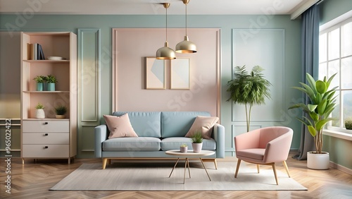 A photo of a simple modern interior room design with pastel colors. The room has a beige sofa, a pink chair, and a blue cabinet.There's a small plant near the window.