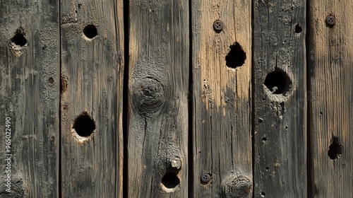 A diagonal line of bullet holes across a wooden fence, with large splinters and deep gouges, evoking a sense of urgency and conflict
