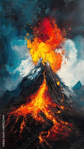 Volcano lava depicted in abstract expressionism style with dynamic brushstrokes and bold colors, presenting an expressive and unconventional view.