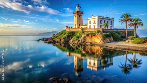natural beauty, travel, seascape, Mediterranean Sea, calm waters, landmark, Coast and lighthouse of the Malabata Cape in Tangier reflected in the calm waters of the Mediterranean Sea