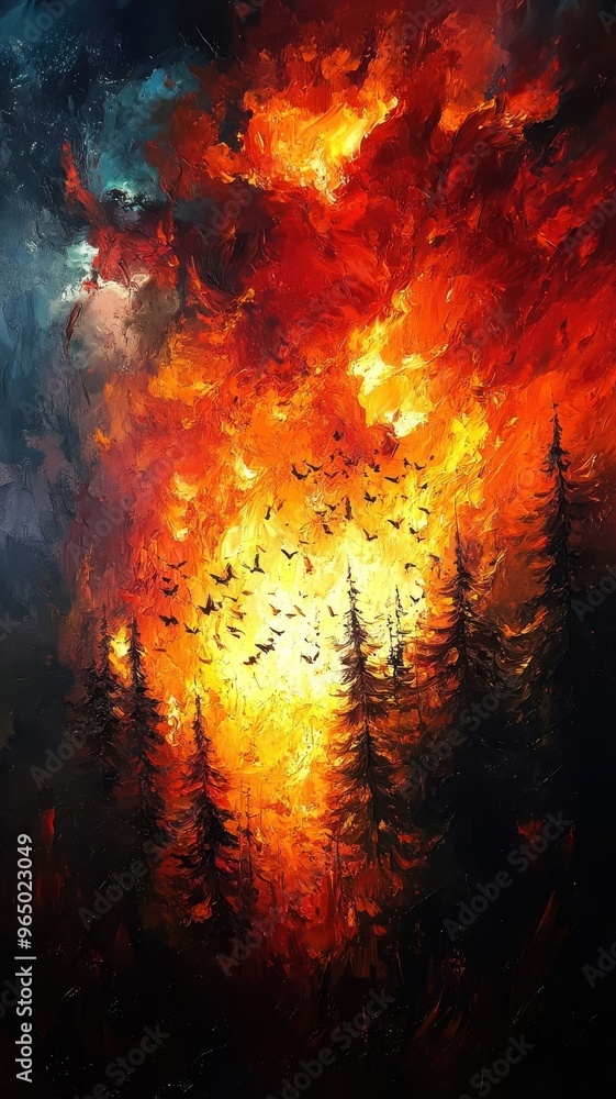 Forest fire rendered in abstract expressionism style, utilizing bold brushstrokes and vivid colors to convey the emotional and chaotic nature of the blaze. Forest fire rendered in abstract expressionism style, utilizing bold brushstrokes and vivid colors to convey the emotional and chaotic nature of the blaze.