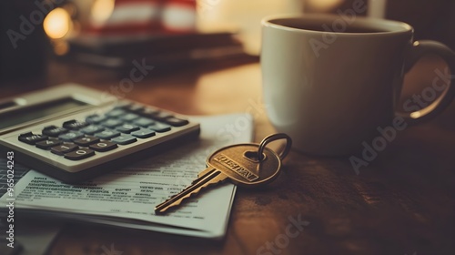 Home key laying on a desk next to a USA flag, symbolizing the financial benefits of a VA loan, focus on, mortgage refinancing, whimsical, manipulation, coffee mug and calculator backdrop photo