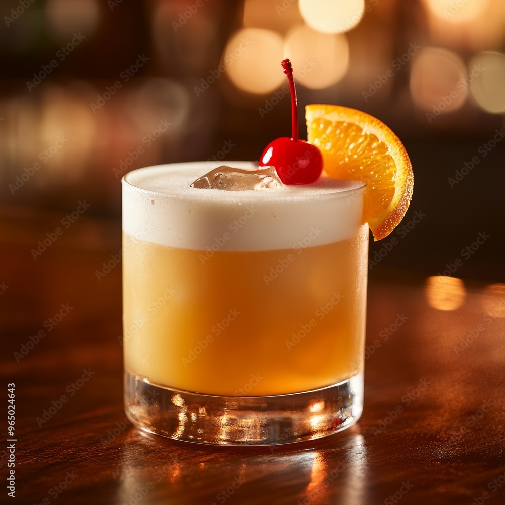 Refreshing cocktail with a cherry and orange garnish served on a bar top in an ambient setting Refreshing cocktail with a cherry and orange garnish served on a bar top in an ambient setting