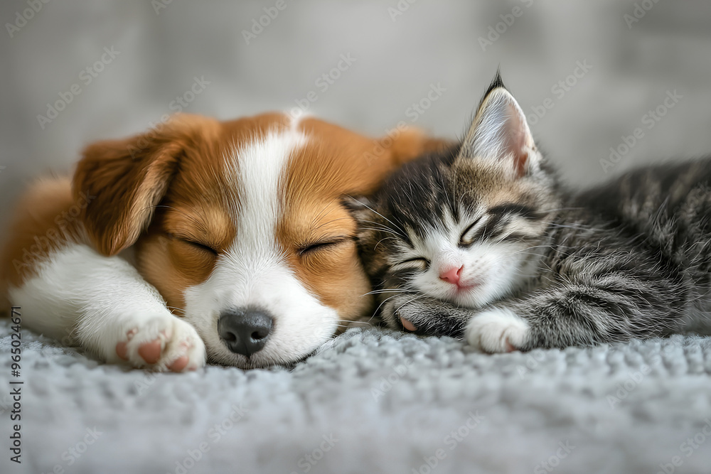 A brown and white puppy and a tabby kitten are sleeping peacefully together, curled up on a soft gray blanket. A brown and white puppy and a tabby kitten are sleeping peacefully together, curled up on a soft gray blanket.