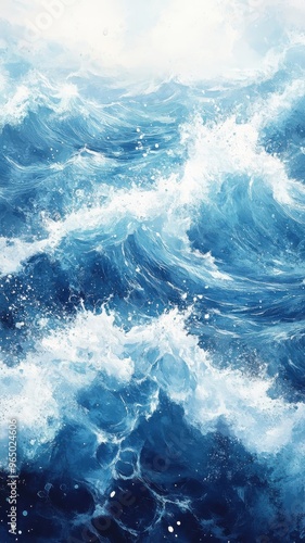 Watercolor style sea with fluid brushstrokes and dynamic shading.