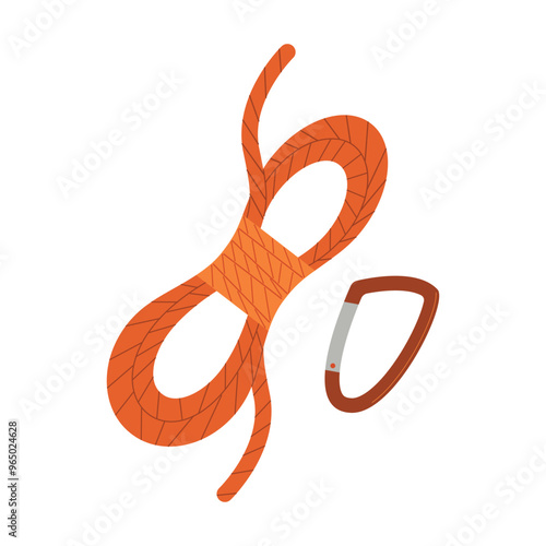 A metal carabiner hook and a climbing rope isolated on a white background, camping gear vector illustration