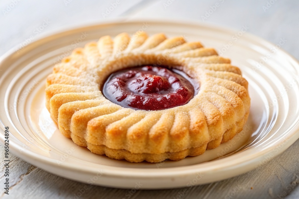 A close up shot of a freshly baked handmade butter and jam cookie on a white plate in the pastry shop Symmetrical, mouthfeel, jam cookie, sweet craving, indulgence, close-up, dessert A close up shot of a freshly baked handmade butter and jam cookie on a white plate in the pastry shop Symmetrical, mouthfeel, jam cookie, sweet craving, indulgence, close-up, dessert