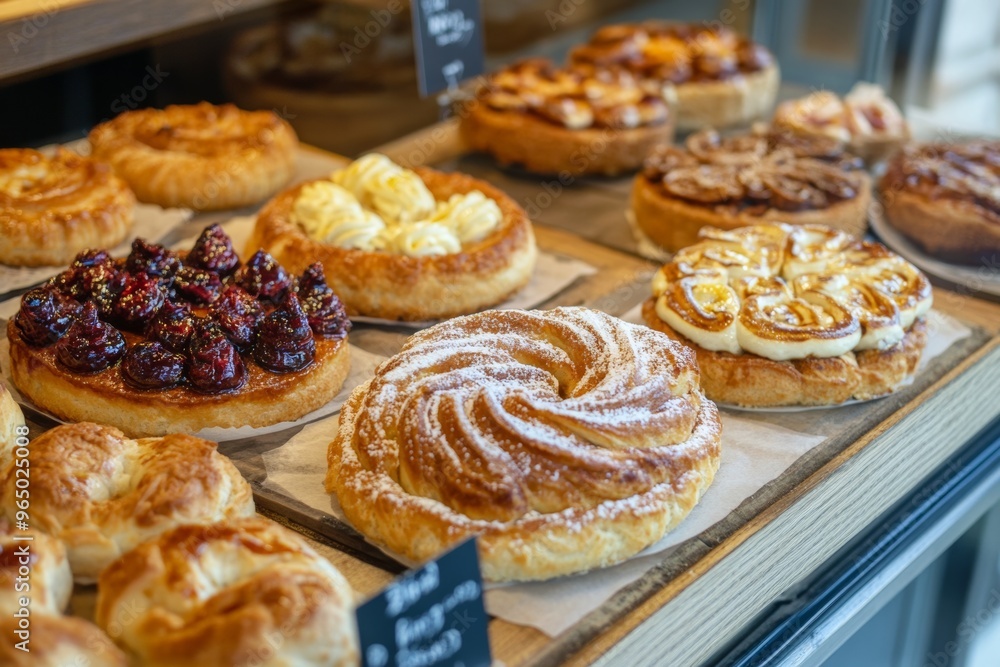Freshly baked pastries and sweet rolls displayed in a modern bakery shop Freshly baked pastries and sweet rolls displayed in a modern bakery shop