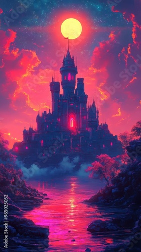 Synthwave style castle with neon lights and retro-futuristic design.