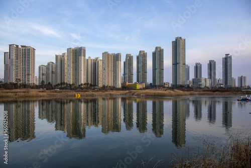 Seo-gu, Incheon, South Korea - January 3, 2021: Highrise apartments and Cheongna Lake Park at Cheongna International City