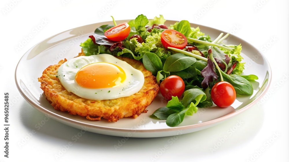 crispy, food, brunch, golden, nutrition, white background, gourmet, fresh, Egg hashbrown and salad in a plate on a white background with copy space photographed at a tilted angle crispy, food, brunch, golden, nutrition, white background, gourmet, fresh, Egg hashbrown and salad in a plate on a white background with copy space photographed at a tilted angle