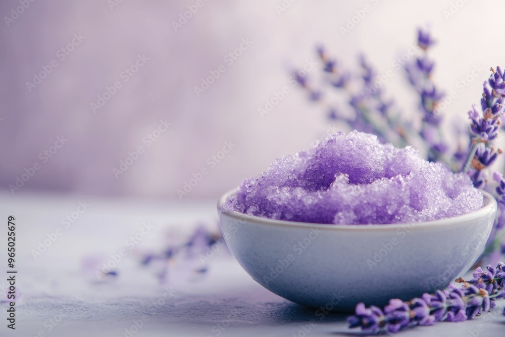 Close up of a lavender sugar scrub in a bowl on a table with flowers, perfect for skincare routines and relaxation time Close up of a lavender sugar scrub in a bowl on a table with flowers, perfect for skincare routines and relaxation time