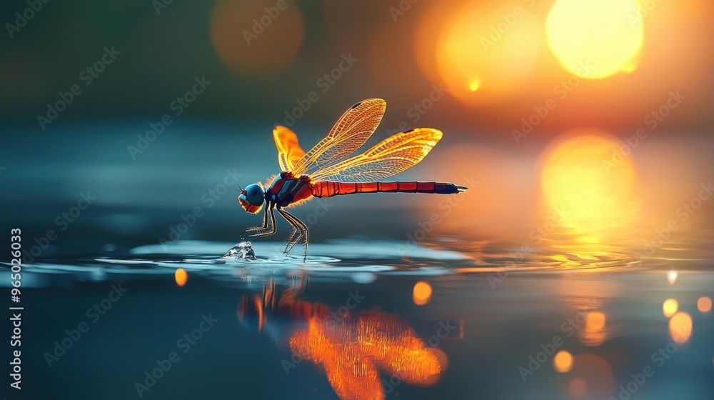 A close-up view of a glowing dragonfly hovering over a tranquil pond ...