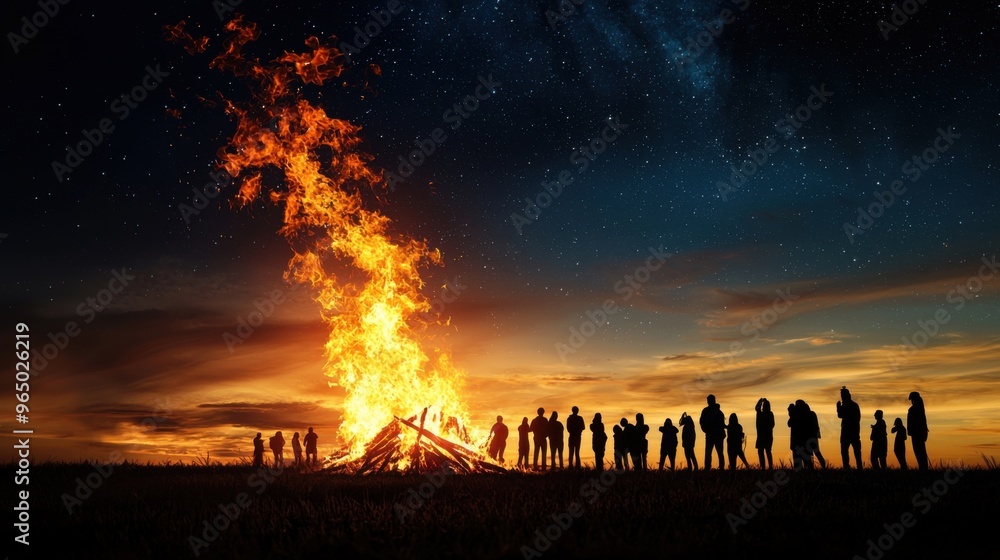 A large, glowing bonfire with dancing flames under a clear, starlit sky. People is silhouettes are gathered around the fire, enjoying the communal warmth and light. A large, glowing bonfire with dancing flames under a clear, starlit sky. People is silhouettes are gathered around the fire, enjoying the communal warmth and light.