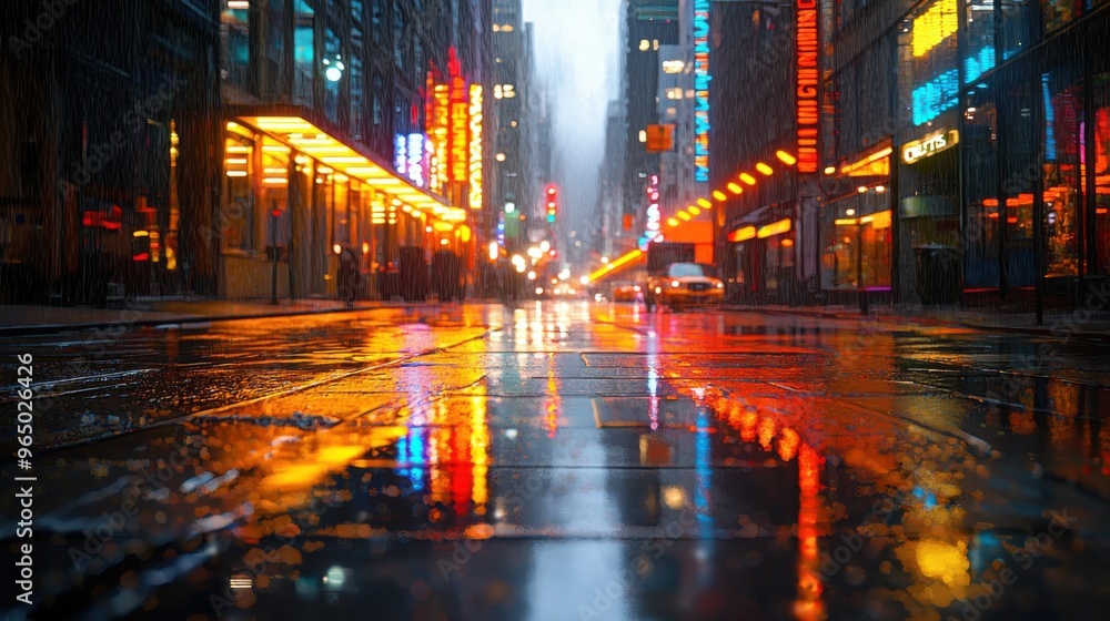 Neon advertisements casting colorful reflections on a rain-slicked street in a bustling city alley, with a dynamic and gritty urban backdrop Neon advertisements casting colorful reflections on a rain-slicked street in a bustling city alley, with a dynamic and gritty urban backdrop