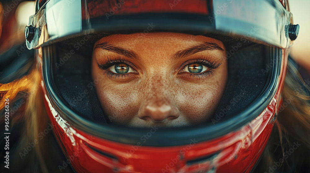 female Formula 1 driver exudes focus and confidence in this dynamic shot. With her helmet and racing suit, she symbolizes strength, determination, and the beauty of women excelling in male-dominated s female Formula 1 driver exudes focus and confidence in this dynamic shot. With her helmet and racing suit, she symbolizes strength, determination, and the beauty of women excelling in male-dominated s