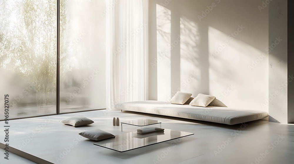 Modern Minimalist Living Room with Low-Profile Daybed, Glass Coffee Table, and Neutral Tones for an Open and Uncluttered Interior Modern Minimalist Living Room with Low-Profile Daybed, Glass Coffee Table, and Neutral Tones for an Open and Uncluttered Interior