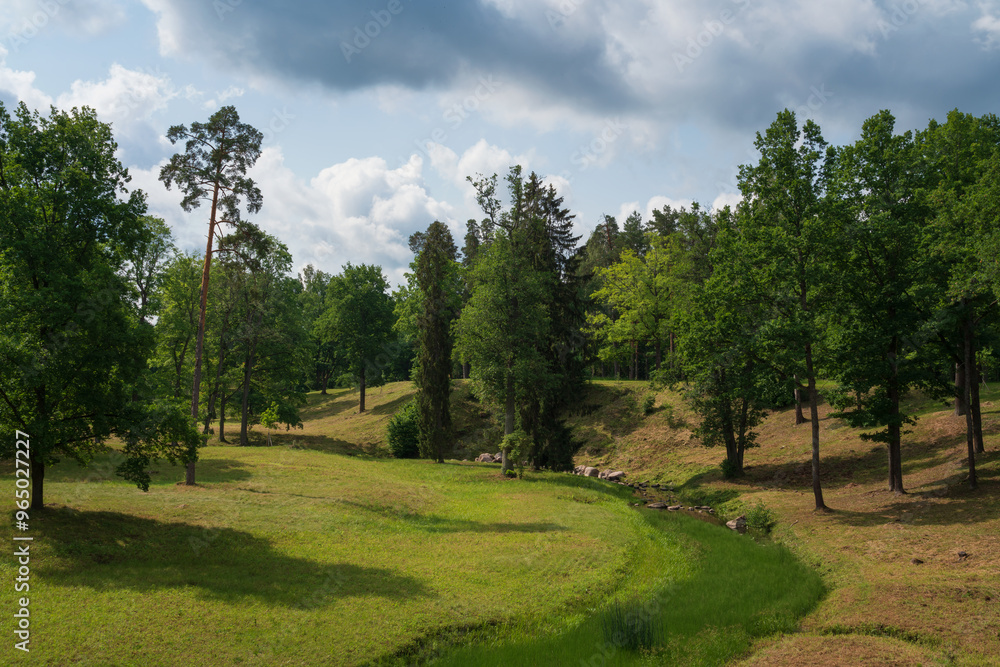 View of the Upper Park of the Oranienbaum Palace and Park Ensemble and the valley of the Karasta River on a sunny summer day, Lomonosov, St. Petersburg, Russia View of the Upper Park of the Oranienbaum Palace and Park Ensemble and the valley of the Karasta River on a sunny summer day, Lomonosov, St. Petersburg, Russia