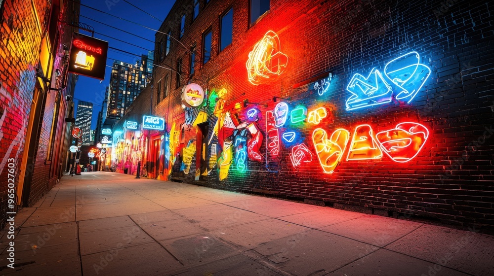 Glowing graffiti mural on a city wall reveals urban culture's vibrant and rebellious spirit. Glowing graffiti mural on a city wall reveals urban culture's vibrant and rebellious spirit.