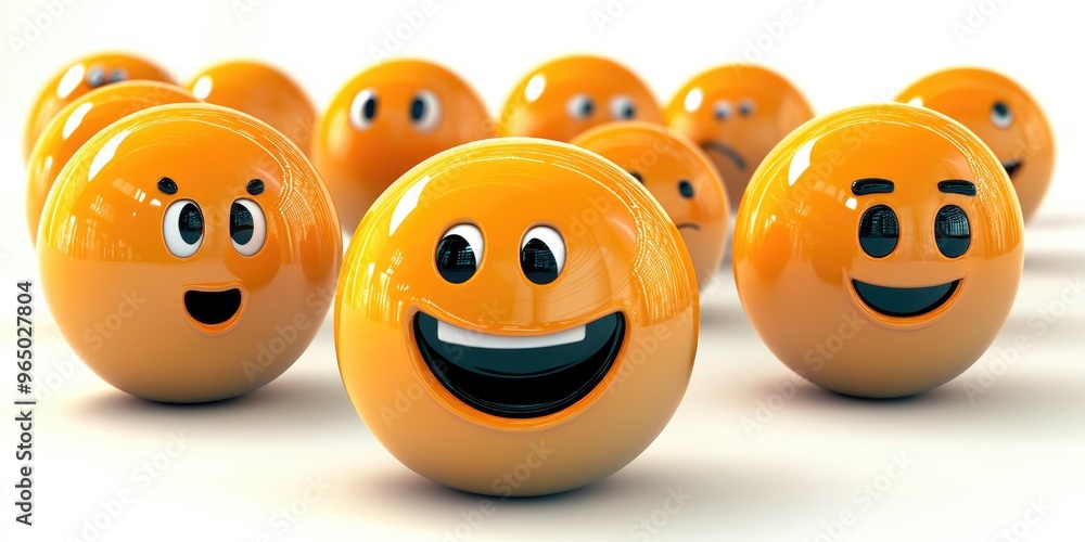 Fototapeta premium Cheerful orange emoticons gathered in a whimsical expression party, bringing joy and positivity to a bright and vibrant setting