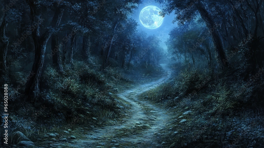 Obraz premium A moonlit path in a forest, leading to nowhere, [aimlessness], [lost in lifeâ€™s journey]