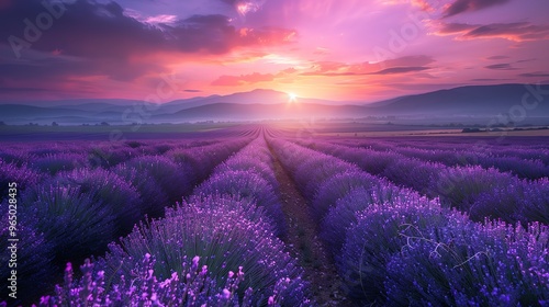 A breathtaking view of a lavender field at sunrise.