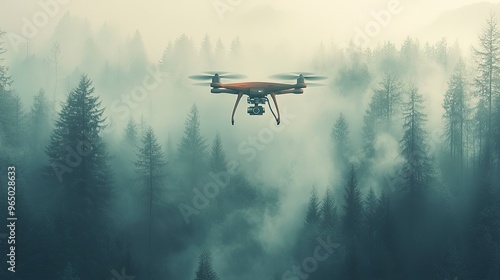 Autonomous fire detection drone, with smoke sensors, flying over a forest, early morning light