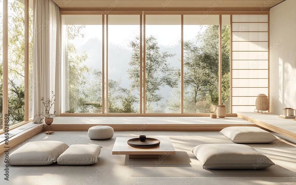 Modern Minimalist Living Room with Floor Cushions, Coffee Table, and Neutral Palette for a Serene and Bright Interior Modern Minimalist Living Room with Floor Cushions, Coffee Table, and Neutral Palette for a Serene and Bright Interior