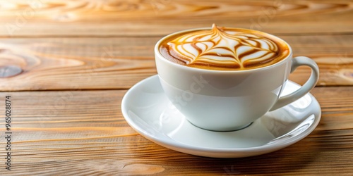 Hot macchiato coffee with caramel rests in a white cup on a wooden table at eye level, eye level, hot, coffee, white cup, wood table