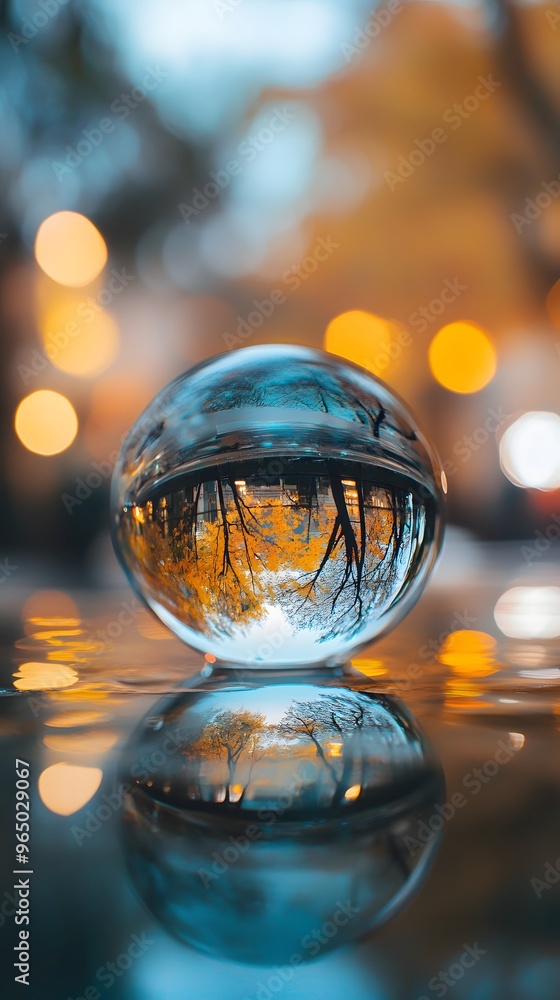Glass Sphere Reflecting Autumn Trees and City Lights