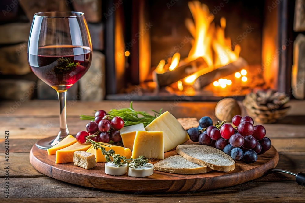 cozy ambiance, crackers, cheddar, cozy, bread, camembert, brie, relaxation, wine, A high angle view of a delicious cheese platter accompanied by a glass of wine set in front of a cozy fire cozy ambiance, crackers, cheddar, cozy, bread, camembert, brie, relaxation, wine, A high angle view of a delicious cheese platter accompanied by a glass of wine set in front of a cozy fire