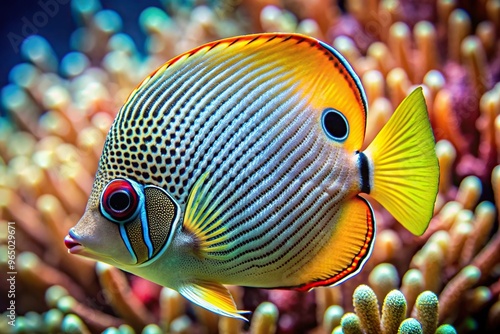 Close up of a Foureye Butterflyfish Chaetodon capistratus showcasing its vibrant colors and intricate patterns, marine life, sea, animal, vibrant colors, butterflyfish photo