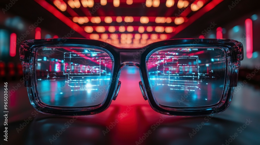 Captioning glasses, worn on a nose, small screen display visible, movie theater background Captioning glasses, worn on a nose, small screen display visible, movie theater background