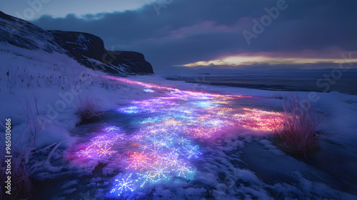 An arctic tundra where snowflakes are made of holographic patterns that flicker and change shape in mid-air, casting colored light across the frozen landscape as they fall