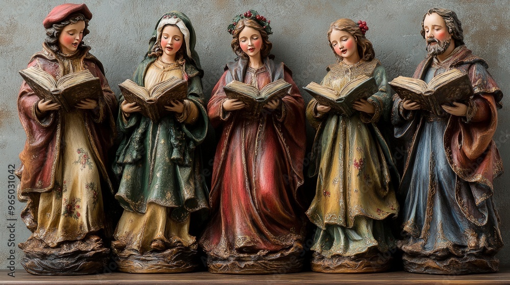 Naklejka premium Christmas caroler figurines, singing, holding songbooks, placed on a shelf, candlelight