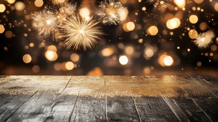 Golden wooden table top with fireworks background