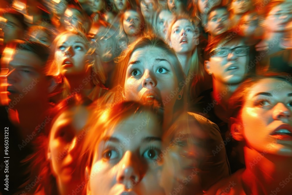 Obraz premium A crowd of people with expressions of awe and excitement, illuminated by warm, colorful lights, creating an energetic atmosphere.