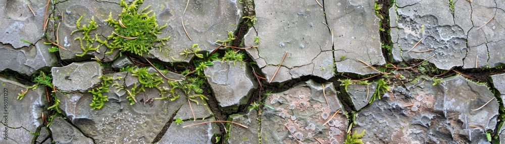 Closeup of Cracked Stone Texture with Moss and Pine Needles Closeup of Cracked Stone Texture with Moss and Pine Needles