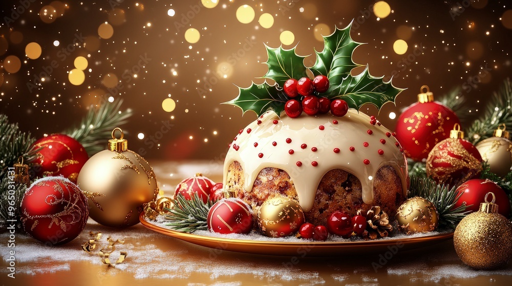 Christmas pudding, with holly on top, placed on a plate, surrounded by festive decorations Christmas pudding, with holly on top, placed on a plate, surrounded by festive decorations