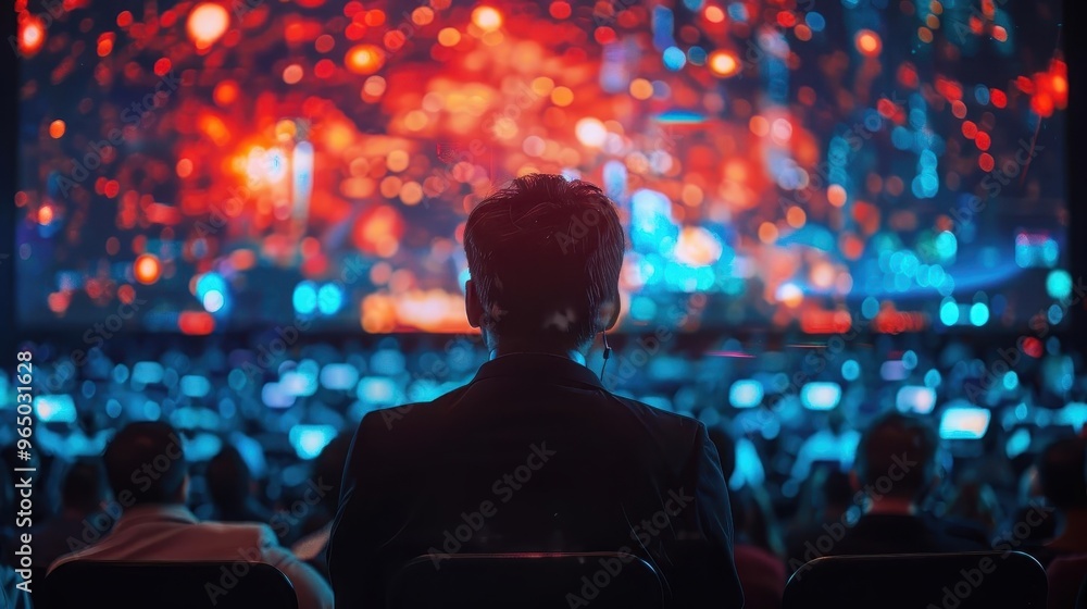 A person captivated by a vibrant display of lights during an event, surrounded by a crowd and immersed in digital visuals.