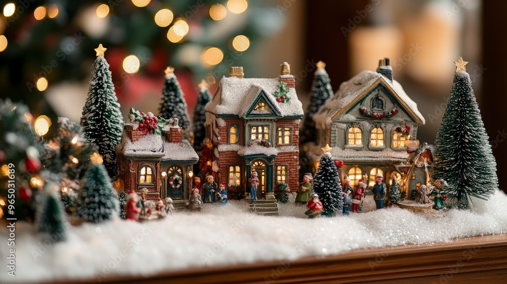 Fototapeta premium Christmas village, with tiny people and houses, set up on a mantle, glowing softly