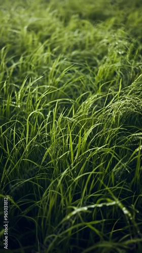 Lush Green Grass Blades with Dew Drops